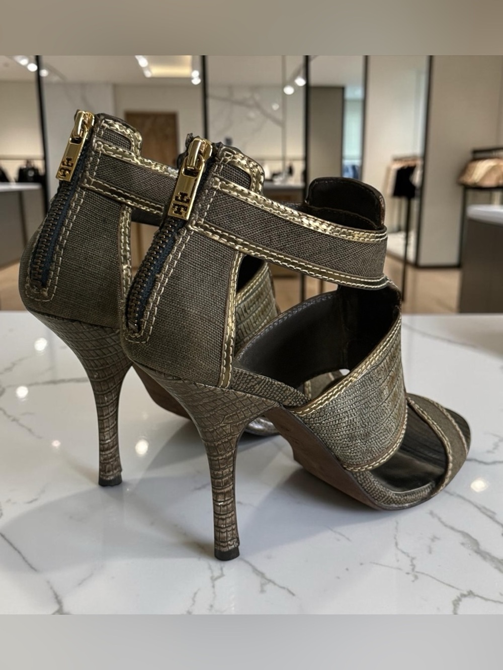 Tory Burch Geoff Caged High Heel Olive Gold Gladiator Sandals! Size 8 - Picture 12 of 16